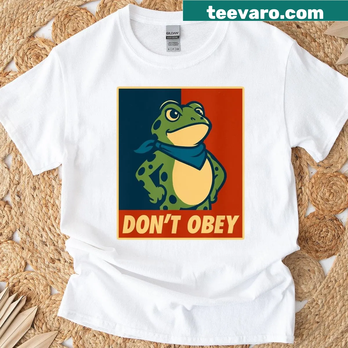 Funny t-shirt with frog graphic and 'Don't Obey' text — on a men's t-shirt