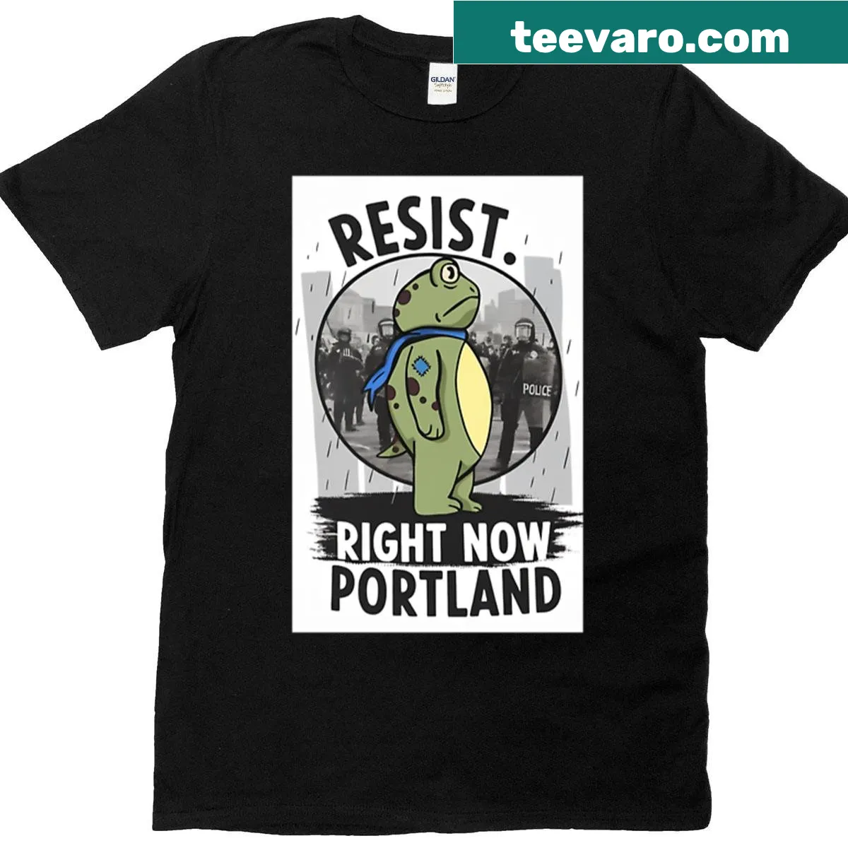 Political frog design with 'Resist Right Now' text on T-shirt — on a men's t-shirt