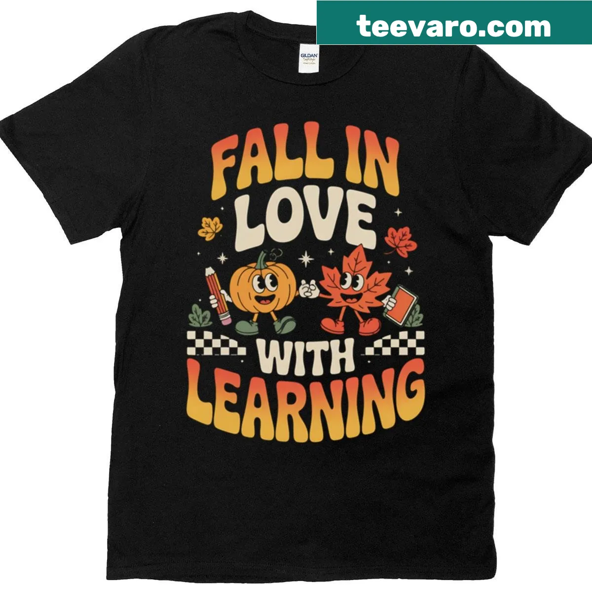 Retro pumpkin graphic with 'Fall In Love With Learning' text — on a men's t-shirt