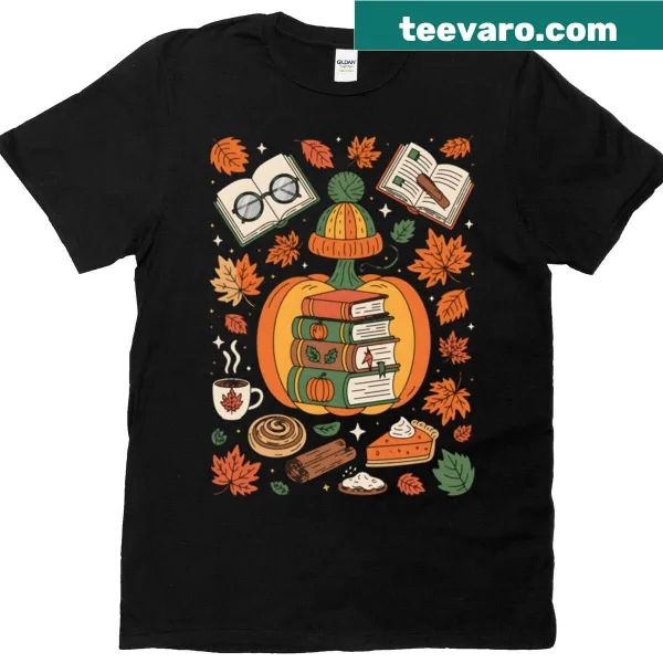 Autumn-themed T-shirt with pumpkins and books designed for teachers