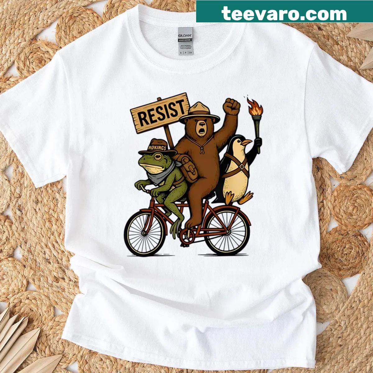 Eccentric T-shirt featuring retro graphic of animals on a bike — on a men's t-shirt