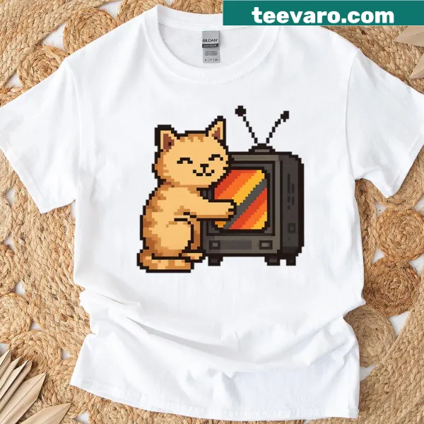 Retro pixel cat hugging a vintage TV graphic on T-shirt