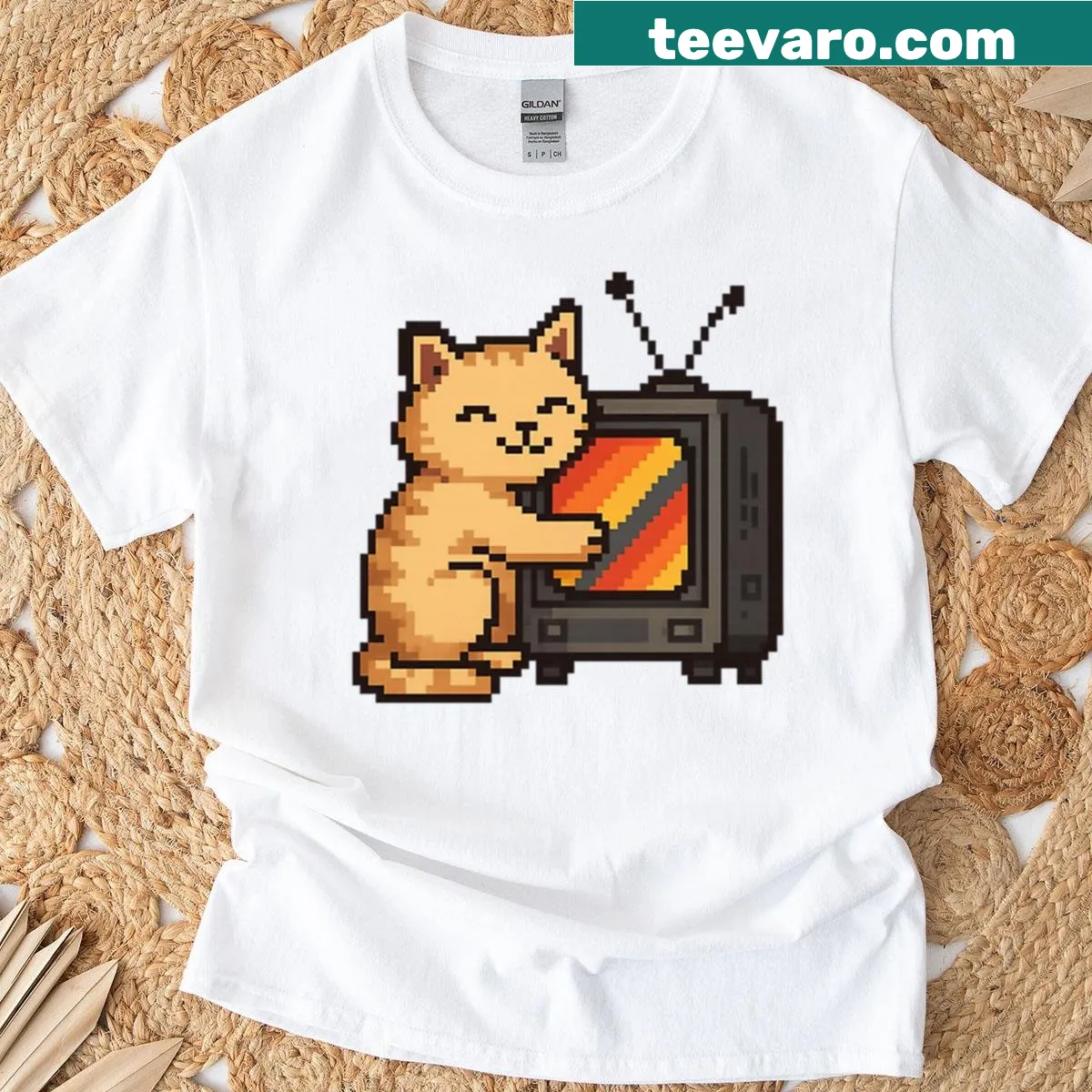 Retro pixel cat hugging a vintage TV graphic on T-shirt — on a men's t-shirt