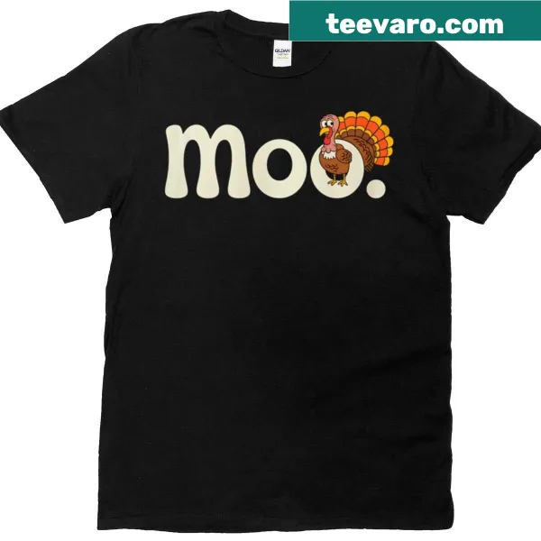 Cartoon turkey with 'Moo' text on a Thanksgiving T-shirt