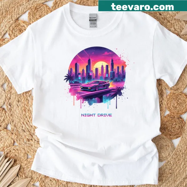 Neon cityscape watercolor t-shirt with retro night drive theme