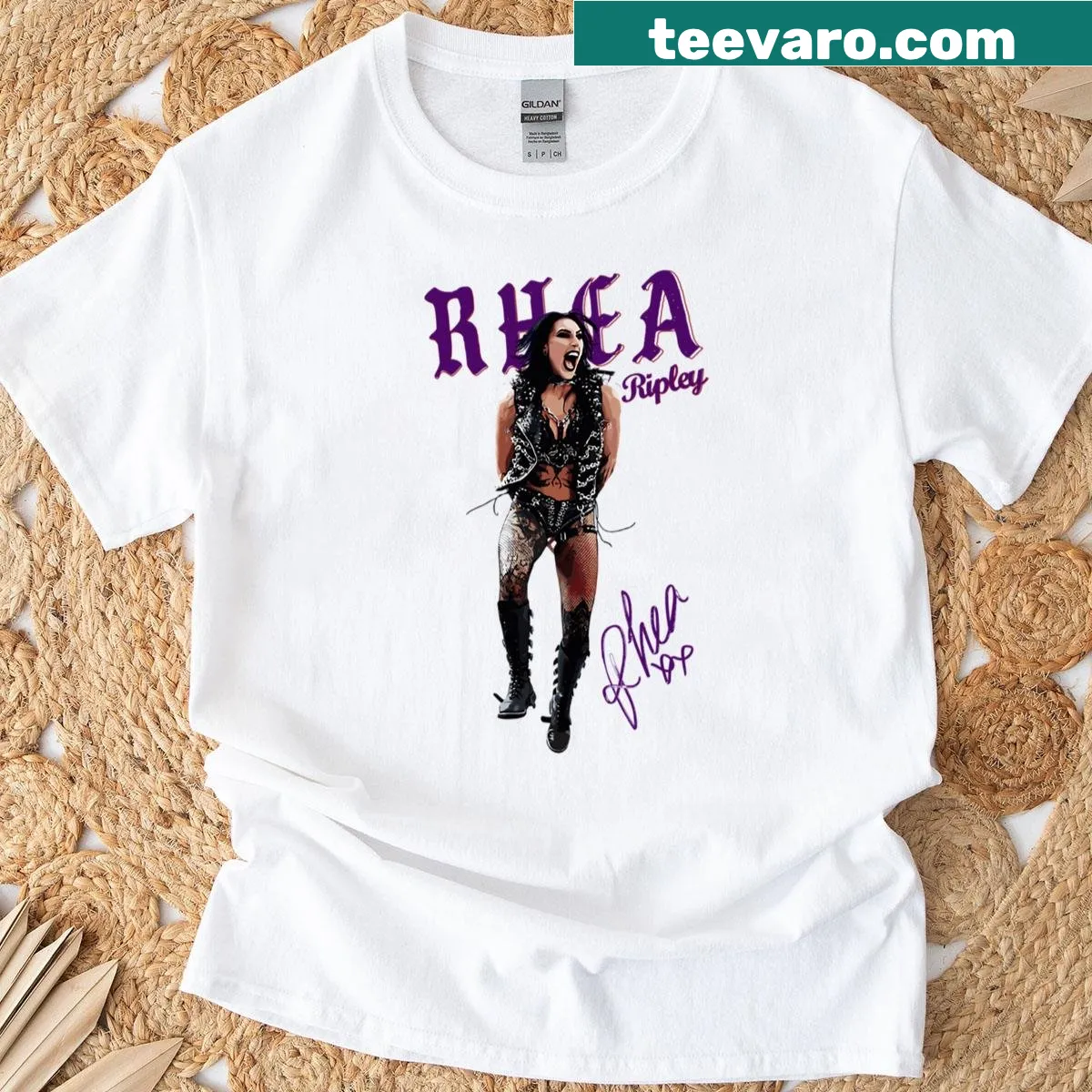 Illustration of Rhea Ripley on a bold T-shirt design — on a men's t-shirt