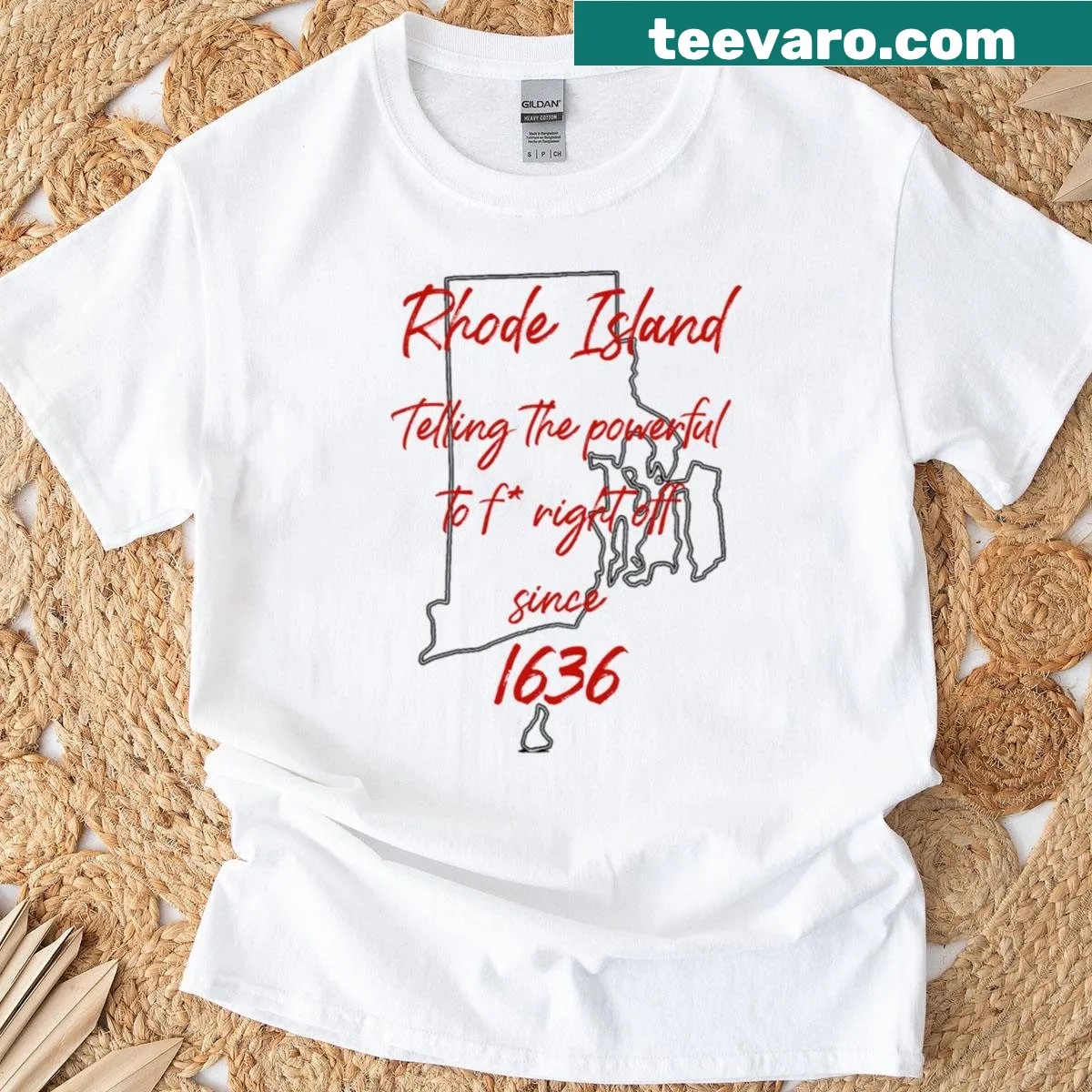 Rhode Island To Power graphic T-shirt with bold text — on a men's t-shirt