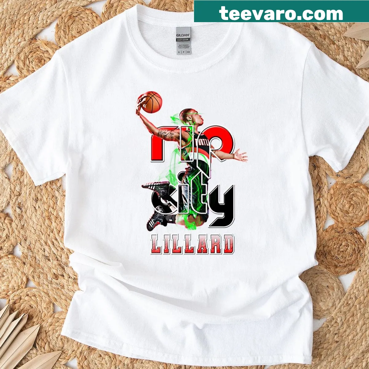 Illustration of basketball player Damian Lillard in action as the graphic. — on a men's t-shirt