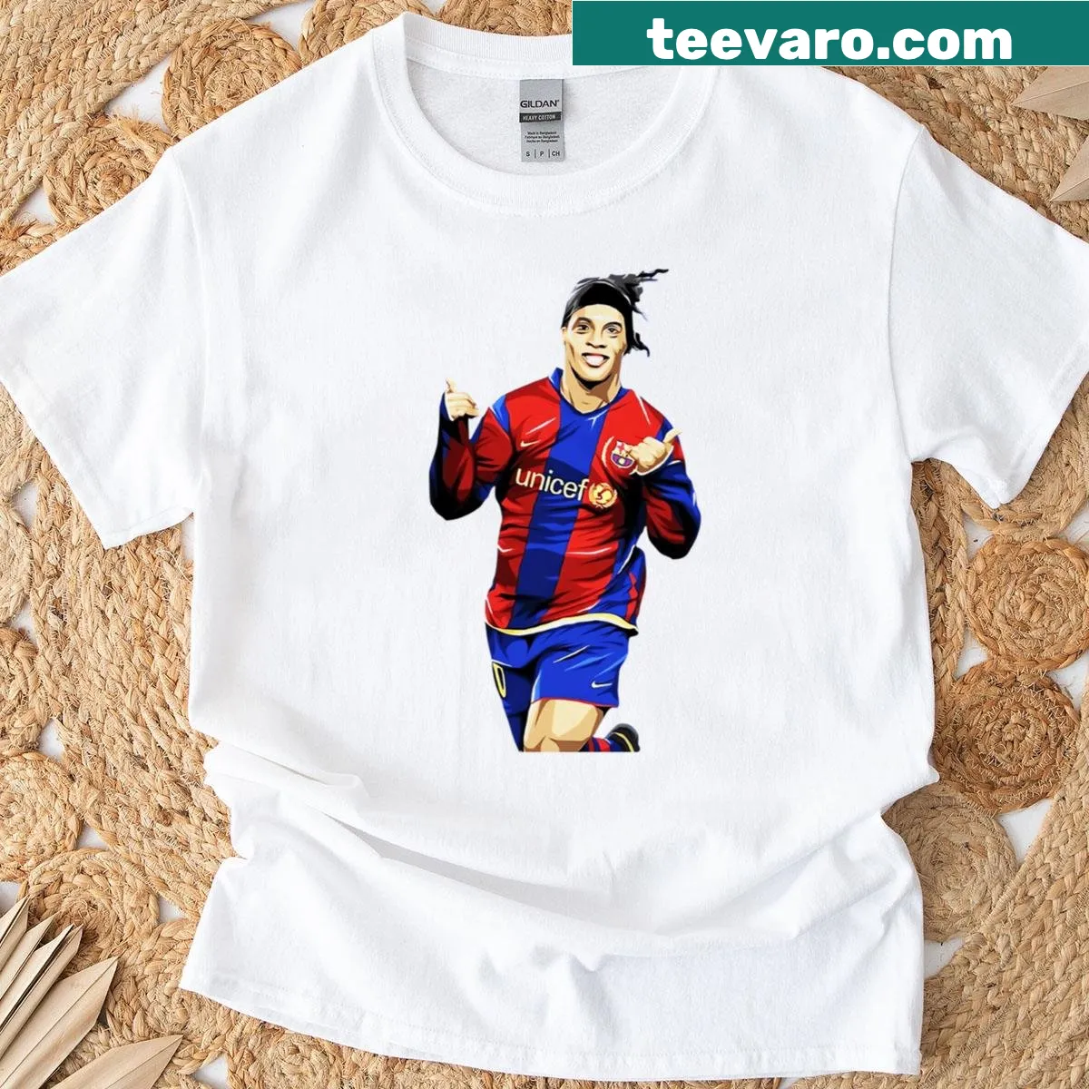 Artistic t-shirt featuring Ronaldinho and Barcelona theme — on a men's t-shirt