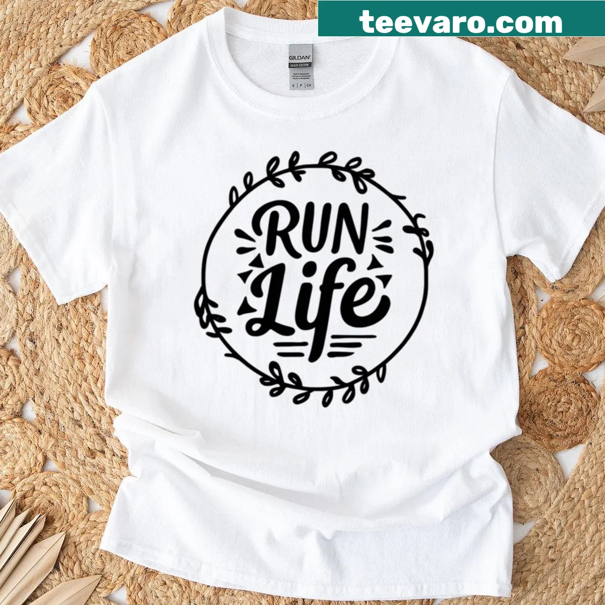 Inspirational 'Run Life' typography on a t-shirt — on a men's t-shirt