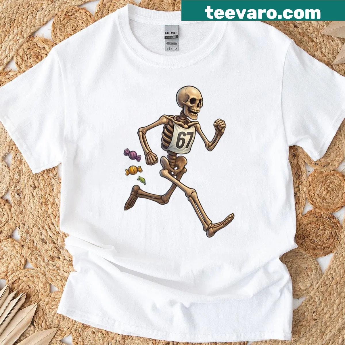 Running skeleton with a candy trail for Halloween-themed shirt — on a men's t-shirt