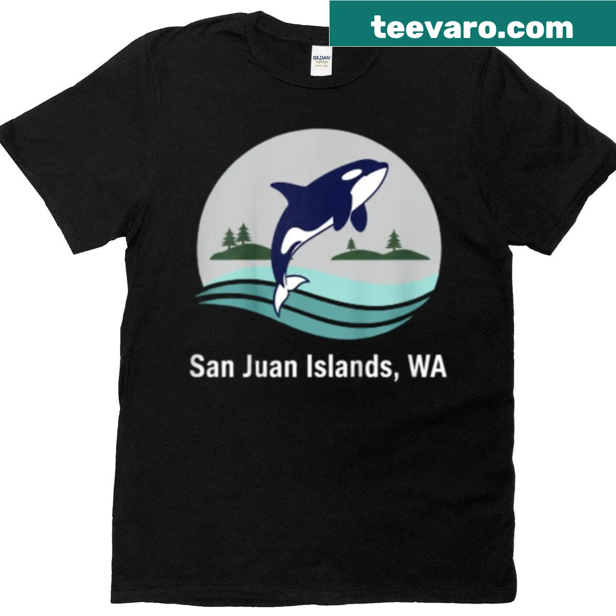 Illustrative T-shirt inspired by San Juan Islands coastal beauty — on a men's t-shirt
