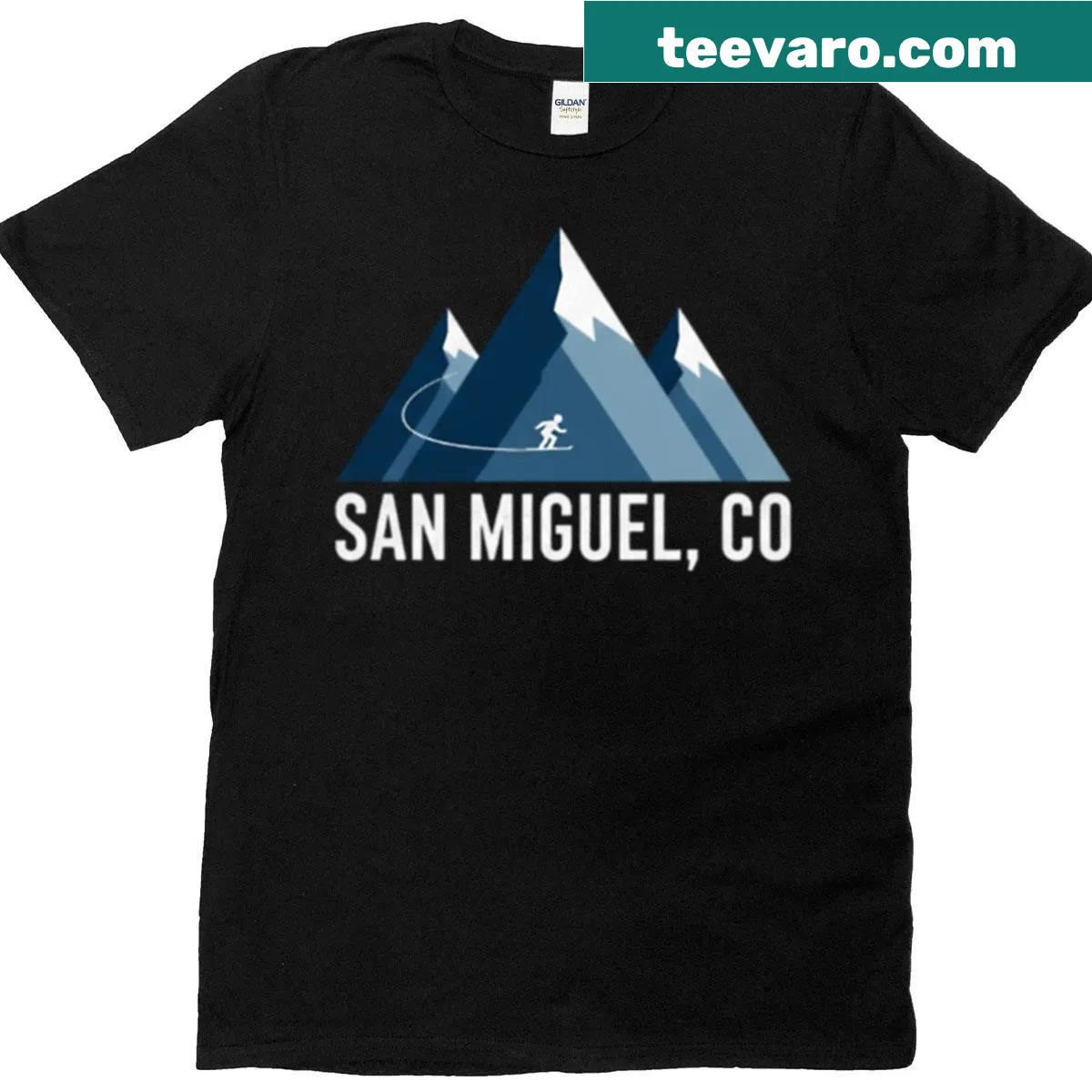 Illustrative T-shirt featuring Colorado mountains from San Miguel — on a men's t-shirt