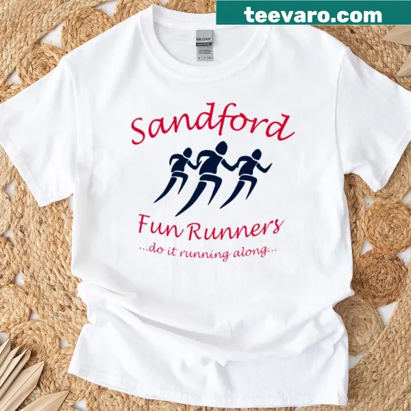 Illustrative t-shirt featuring happy runners for Sandford Fun Runners