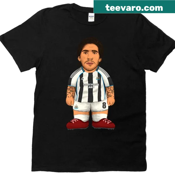 Cute chibi cartoon illustration of Sandro Tonali on a Newcastle United T-shirt