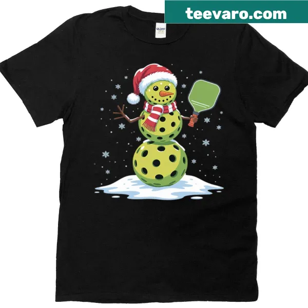 Funny snowman with Santa hat holding a pickleball paddle