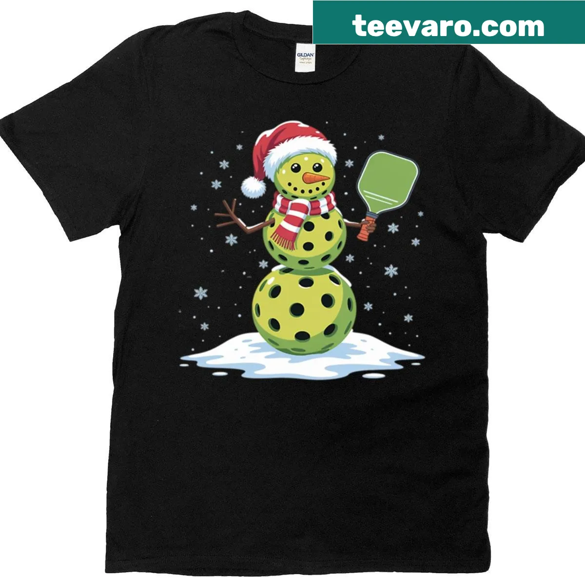 Funny snowman with Santa hat holding a pickleball paddle — on a men's t-shirt