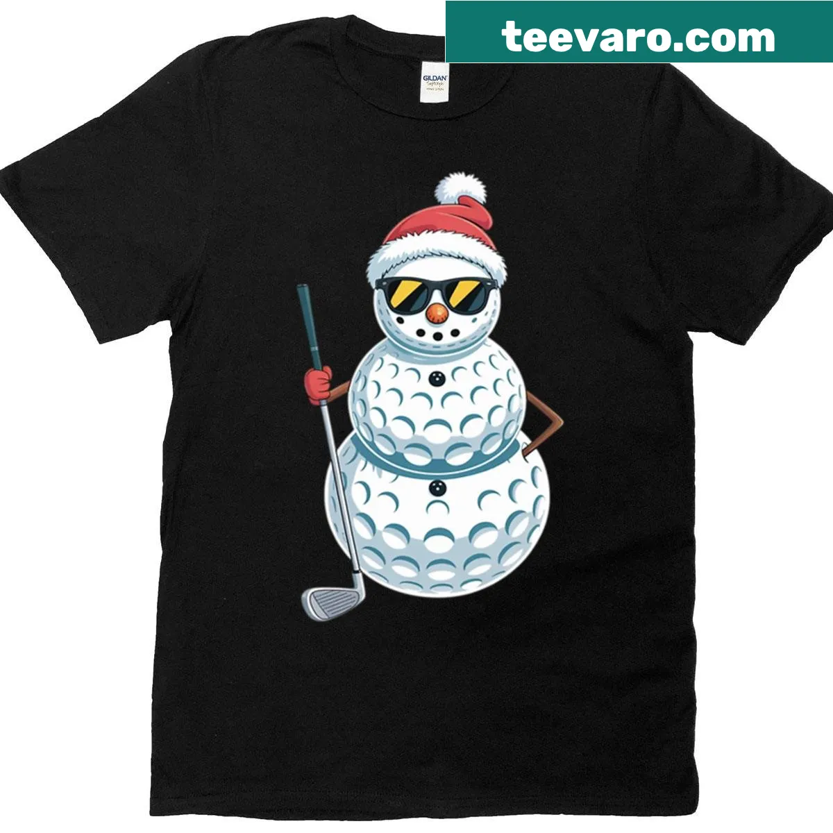 Whimsical Santa Snowman golfing design on a Christmas T-shirt — on a men's t-shirt