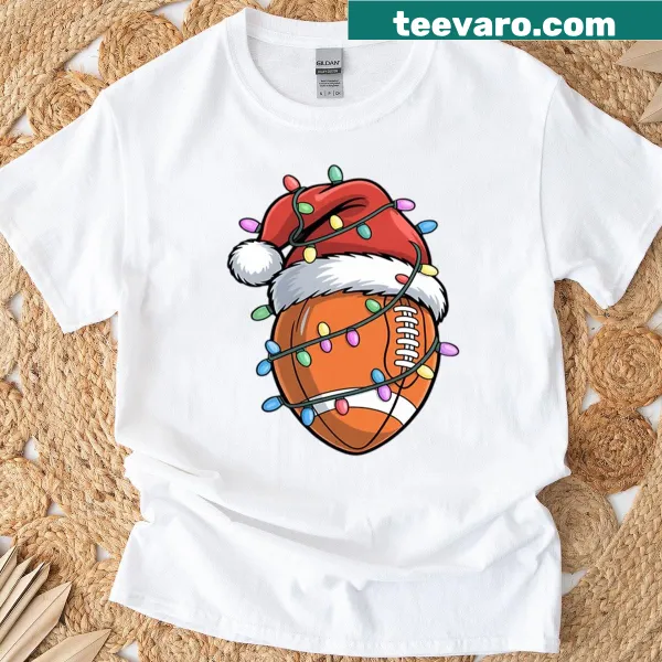 Santa in football gear on a Christmas-themed t-shirt