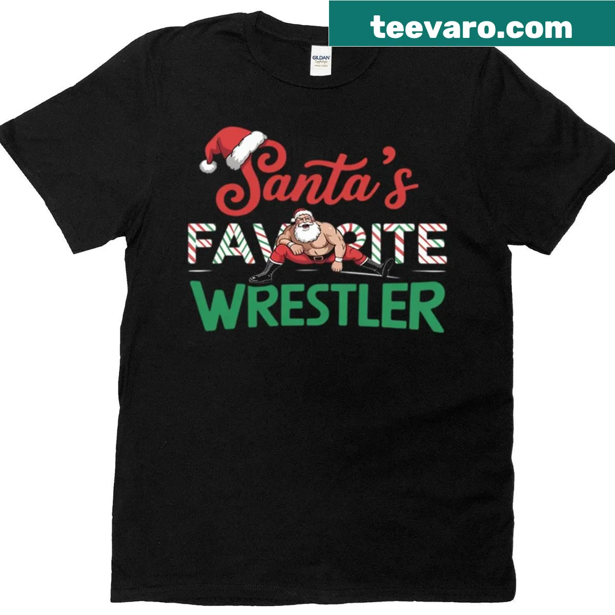 Funny Christmas wrestling shirt with 'Santa's Favorite Wrestler' text — on a men's t-shirt