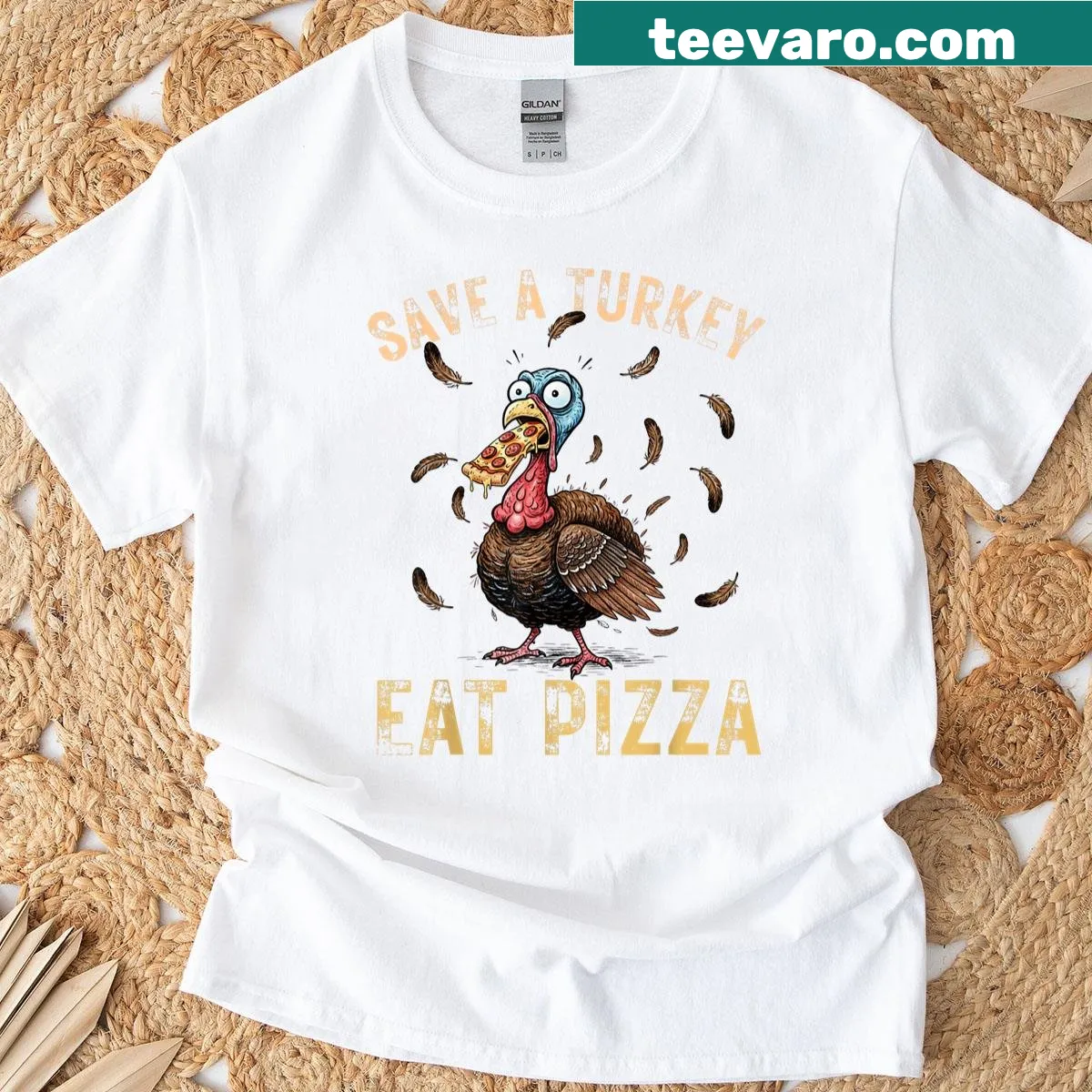 Funny Thanksgiving shirt with pizza and turkey phrase — on a men's t-shirt