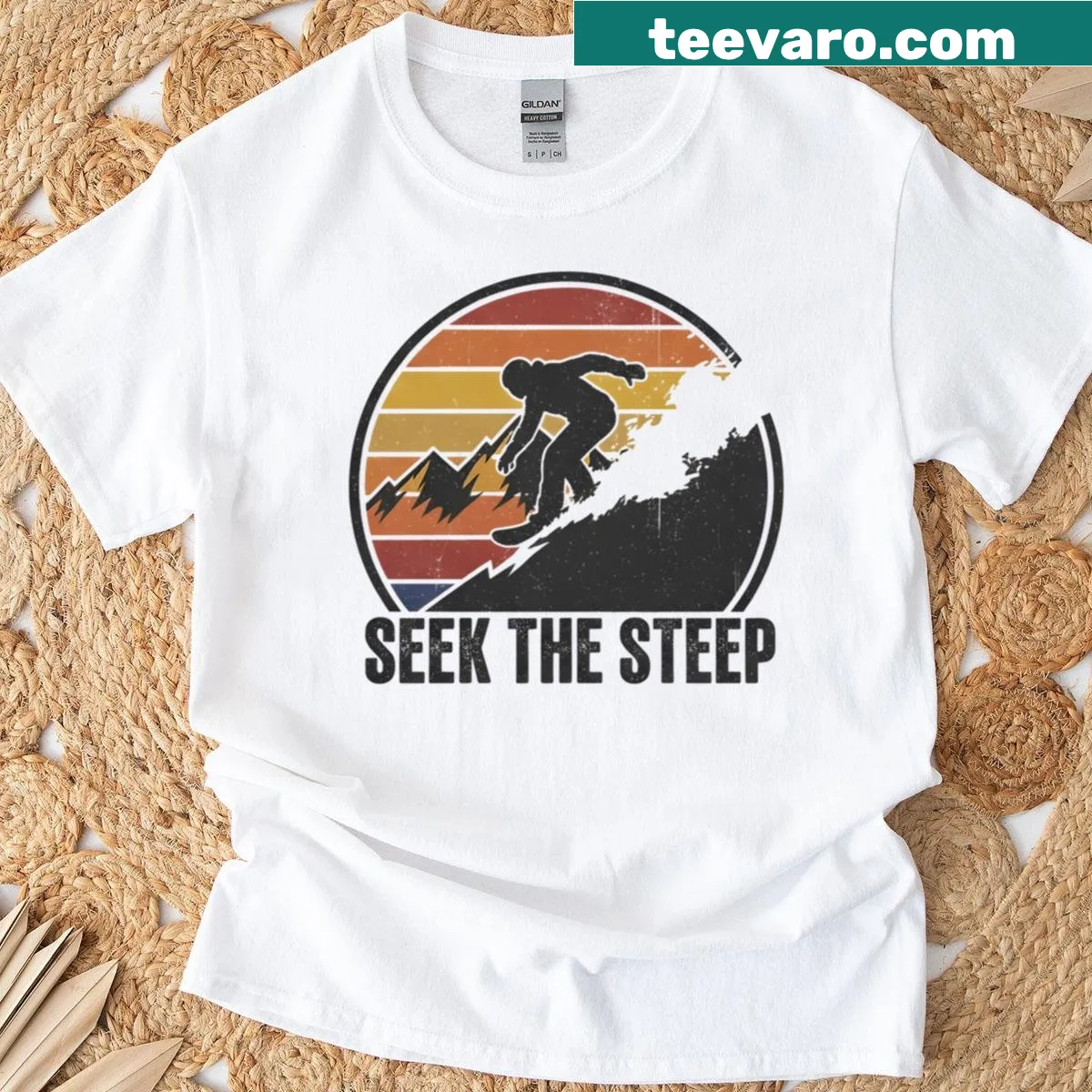 Retro snowboard adventure t-shirt with mountain silhouette and snowboarder — on a men's t-shirt