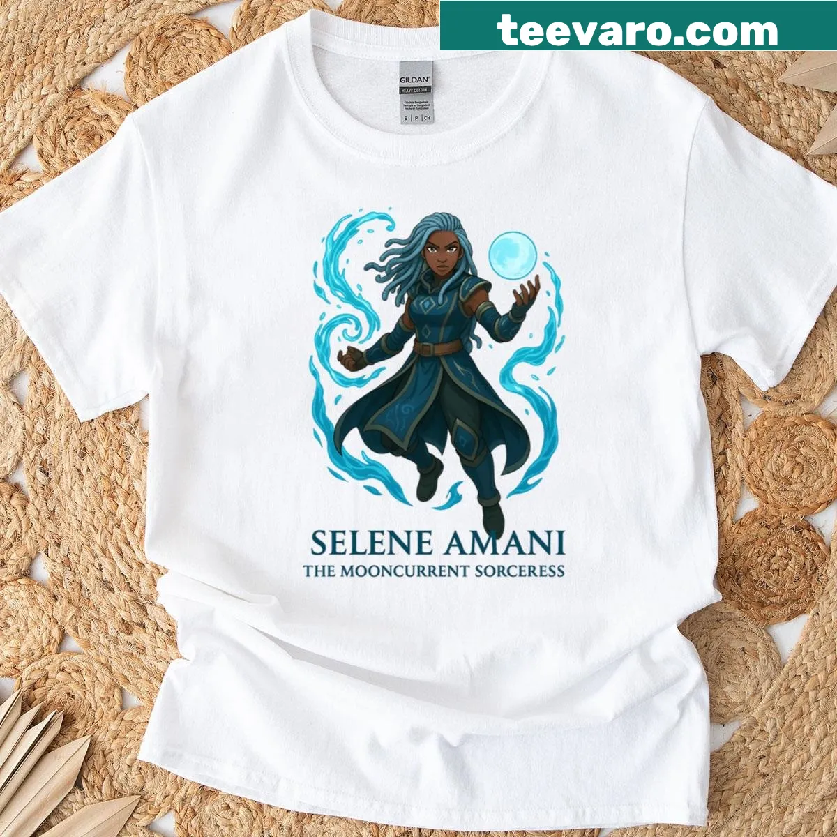 Artistic t-shirt depicting Selene Amani, the Mooncurrent Sorceress, in mystical form. — on a men's t-shirt