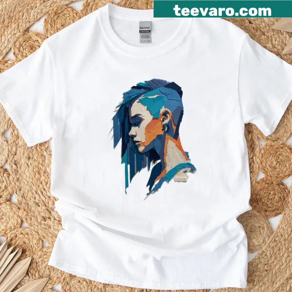Minimalist T-shirt with abstract shards of cobalt design.