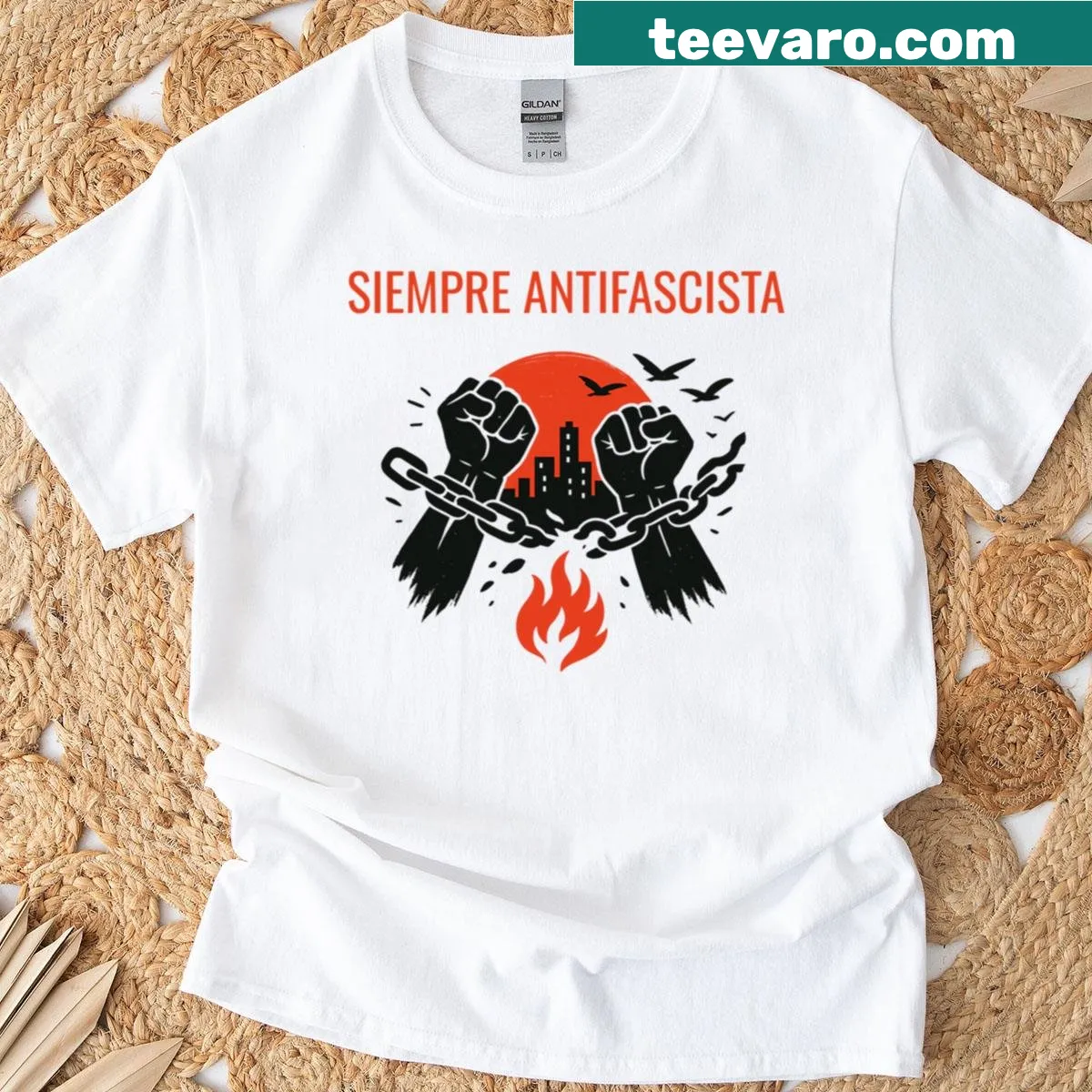T-shirt with the phrase 'Siempre Antifascista Break The Chains Of Oppression'. — on a men's t-shirt