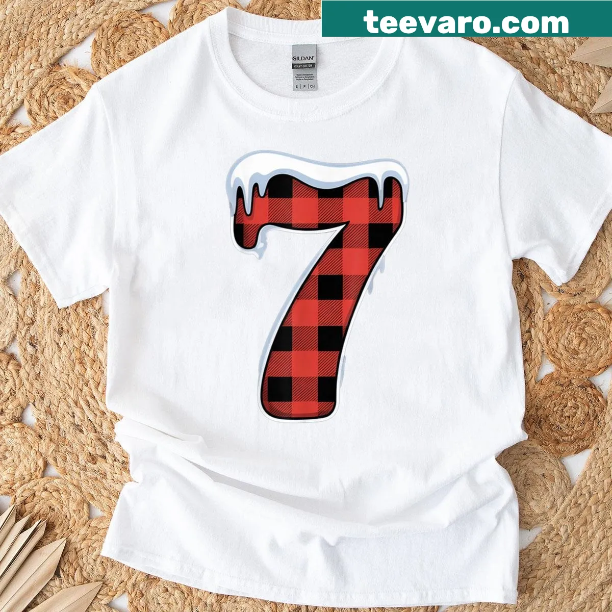Matching couples T-shirt with red plaid and Six Seven 6 7 text — on a men's t-shirt