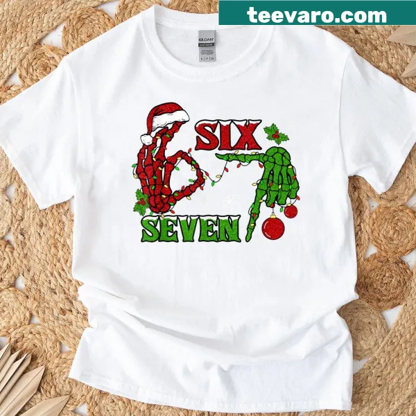 Skeleton hands holding Xmas lights graphic on t-shirt