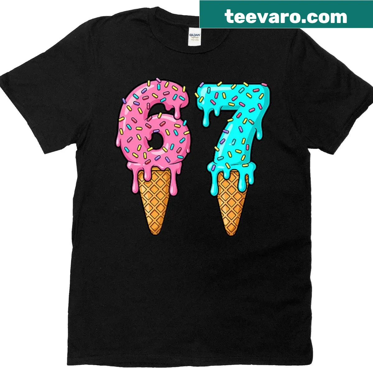 Ice cream drip graphic and the text 'Six Seven' on a baseball-themed T-shirt — on a men's t-shirt