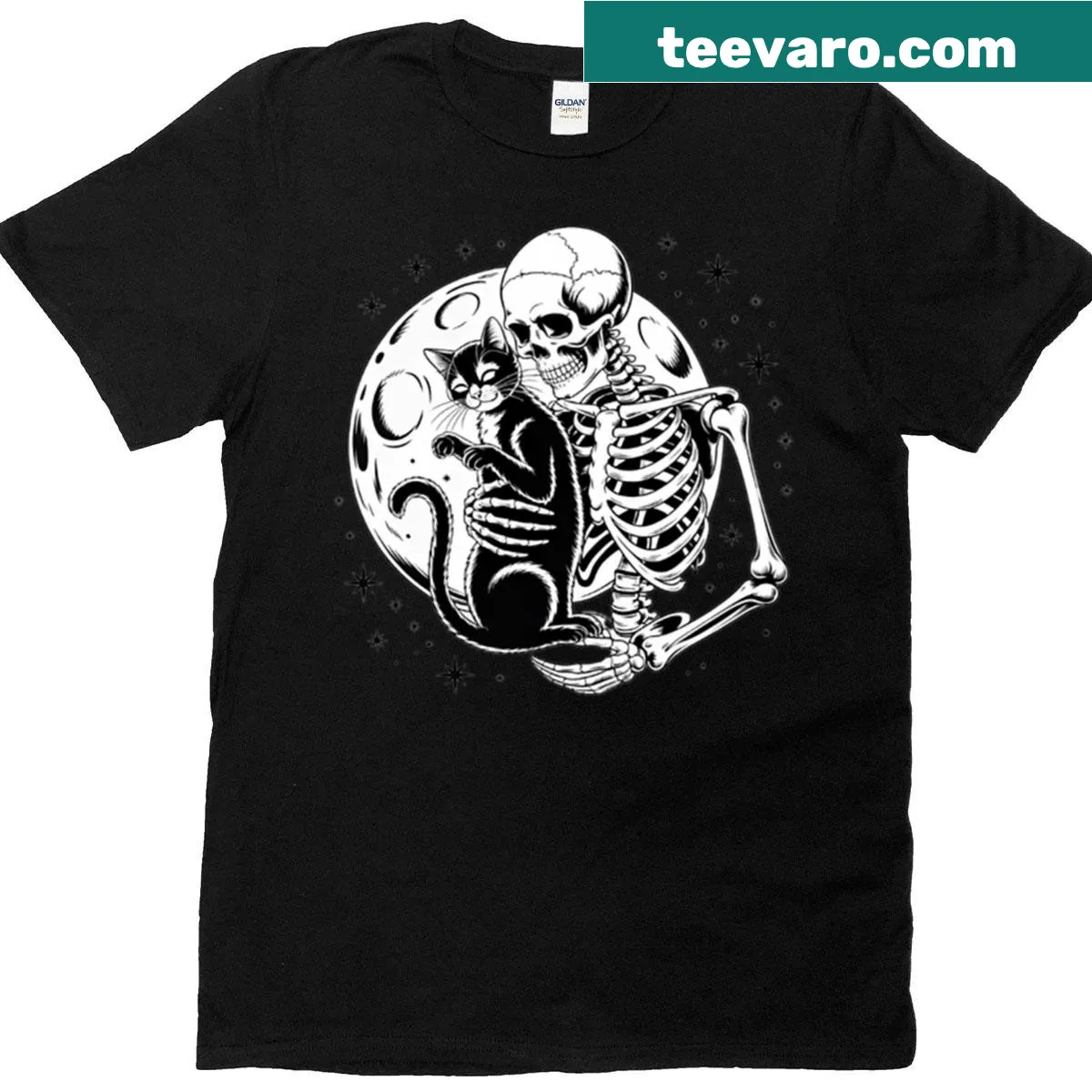 Gothic t-shirt with skeleton and black cat design under the moon — on a men's t-shirt