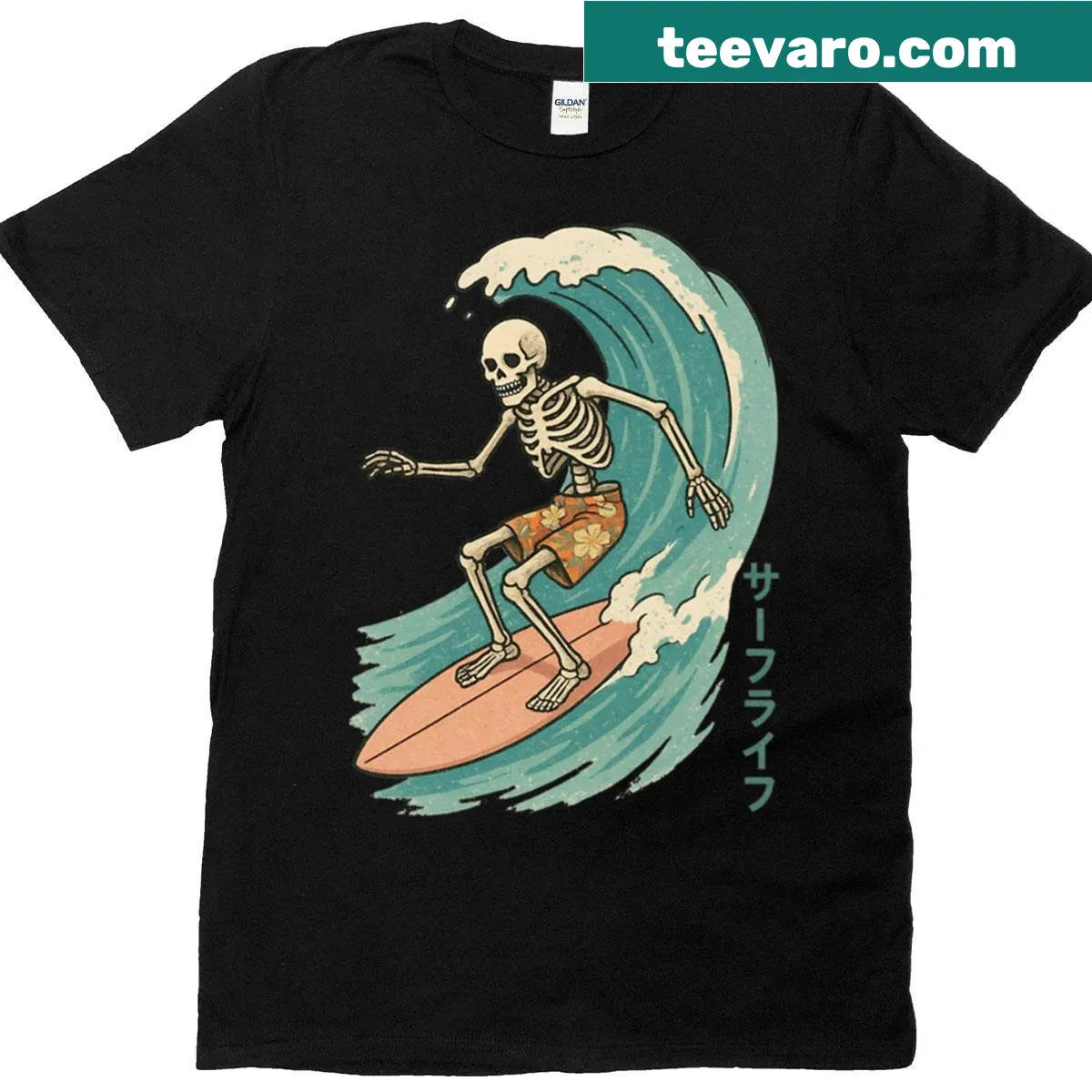Retro beach art featuring a skeleton surfer on a wave. — on a men's t-shirt