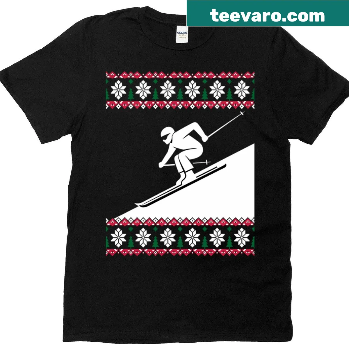 Skiing graphic t-shirt with Christmas motifs featuring a skier — on a men's t-shirt