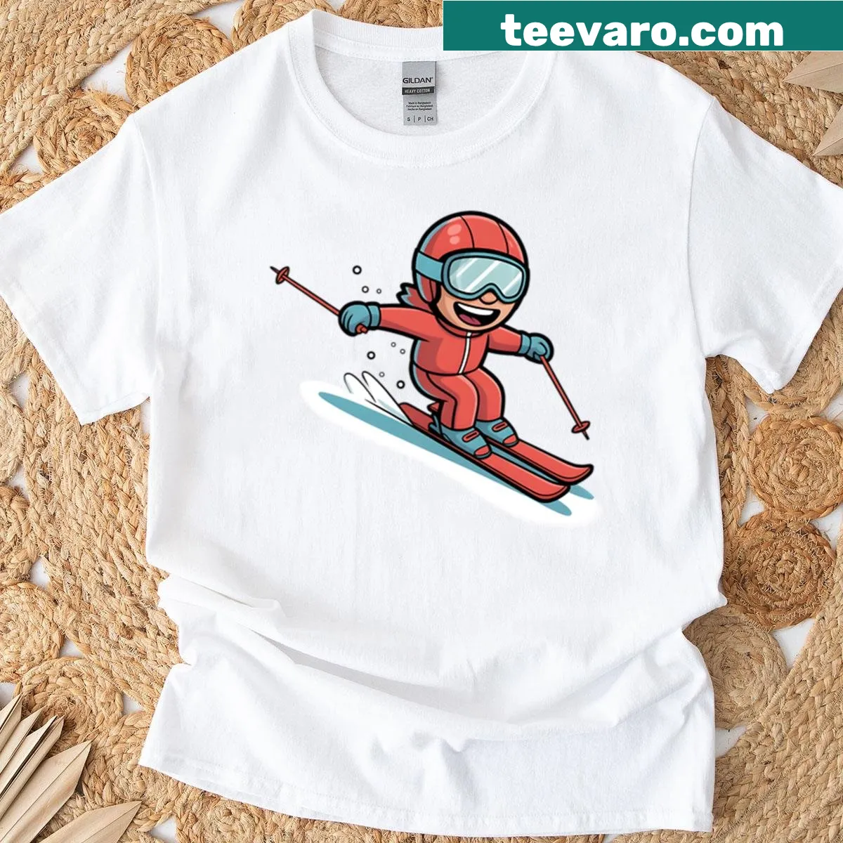 Cartoon skier design in a comic style on a fun t-shirt — on a men's t-shirt