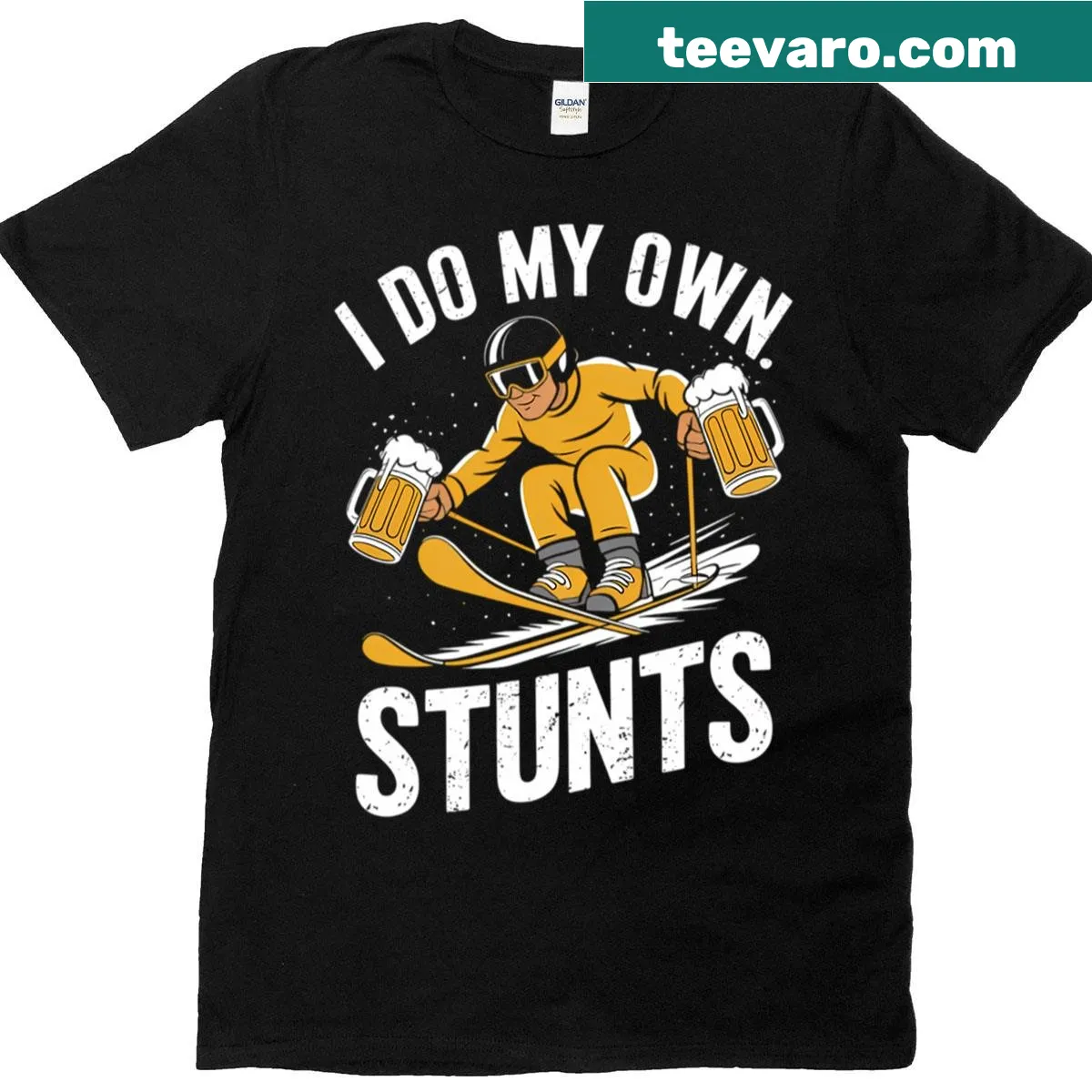 Funny skier t-shirt with drinking beer illustration — on a men's t-shirt