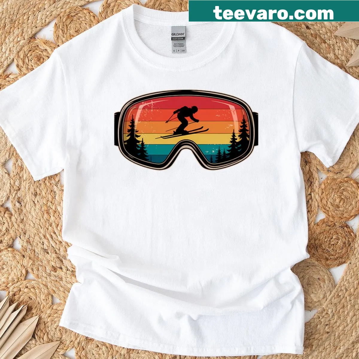 Illustration t-shirt featuring skiers on a snowy mountain — on a men's t-shirt