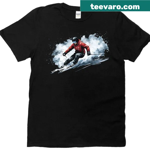 Dynamic ski illustration on a T-shirt promoting freeride skiing