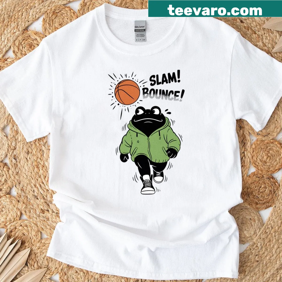 Cartoon frog dunking a basketball in a humorous design — on a men's t-shirt