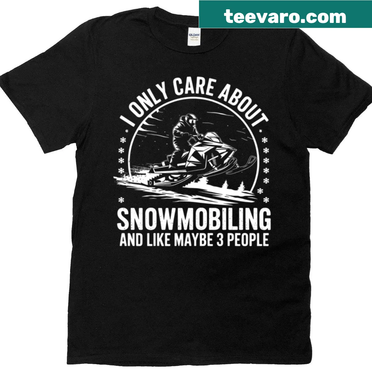 Illustrated T-shirt featuring snowmobiling and winter sports — on a men's t-shirt