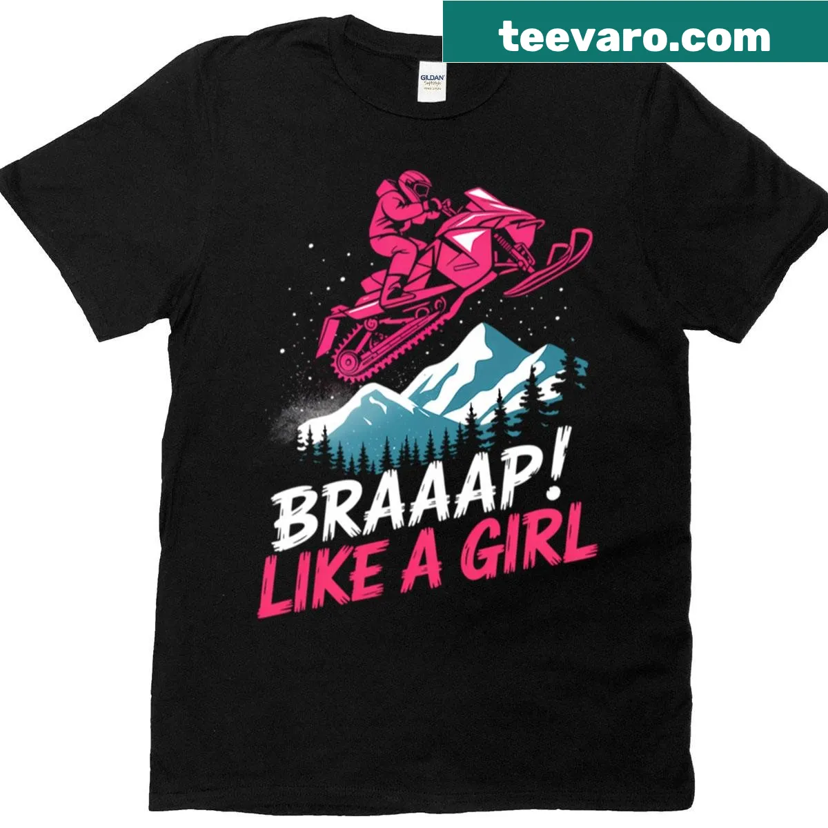 Illustrated T-shirt celebrating snowmobiling and winter sports — on a men's t-shirt