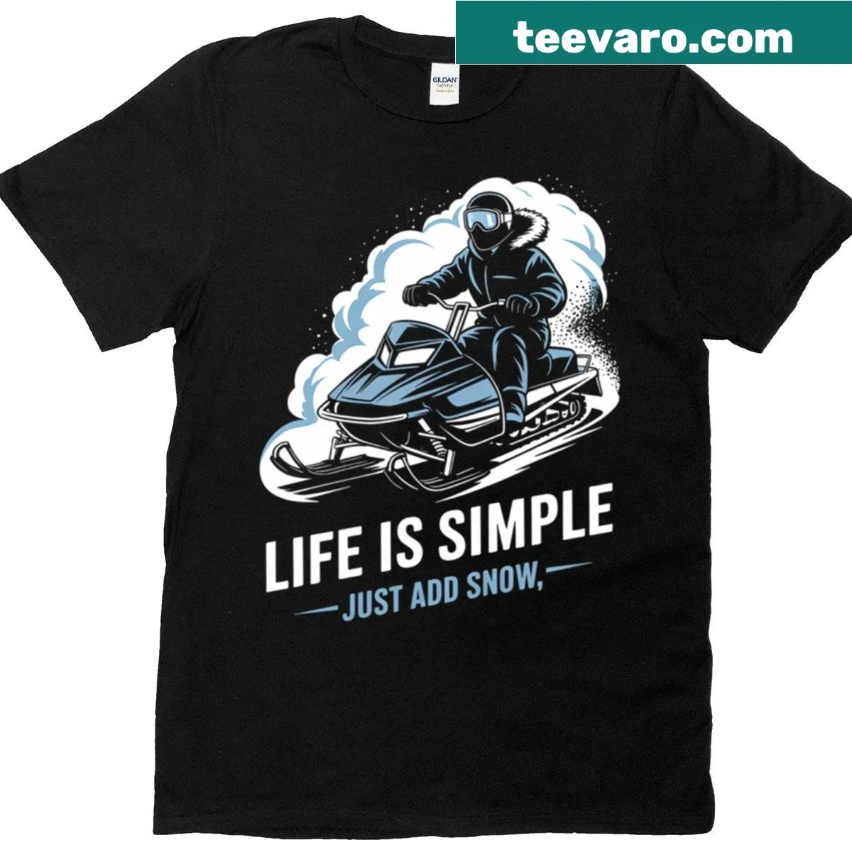 Dynamic snowmobiling t-shirt featuring a fun snowmobile graphic — on a men's t-shirt