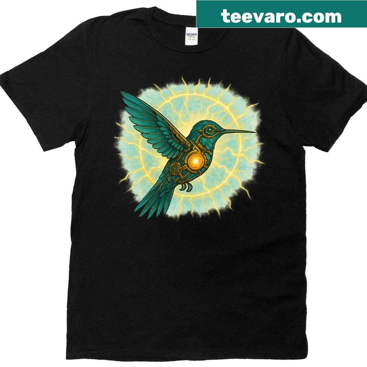 Hummingbird illustration with energy aura on T-shirt — on a men's t-shirt