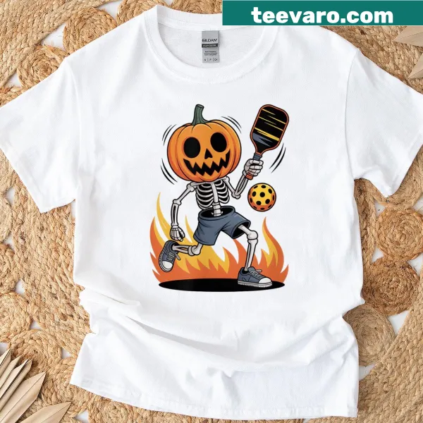 Halloween-themed pickleball t-shirt featuring a skeleton with a pumpkin head