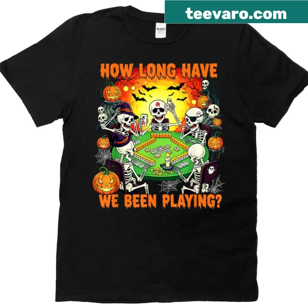 Spooky skeleton playing mahjong graphic on a Halloween t-shirt