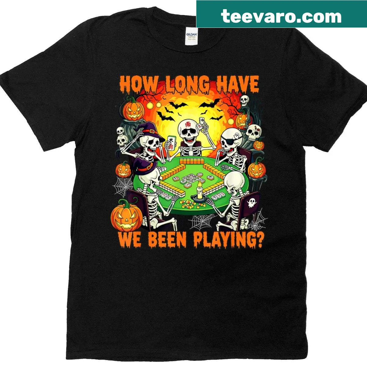 Spooky skeleton playing mahjong graphic on a Halloween t-shirt — on a men's t-shirt