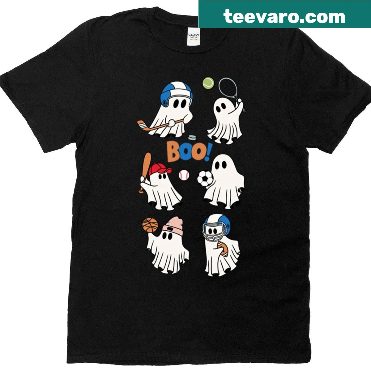 Fun Halloween T-shirt featuring sports ghosts in playful designs — on a men's t-shirt