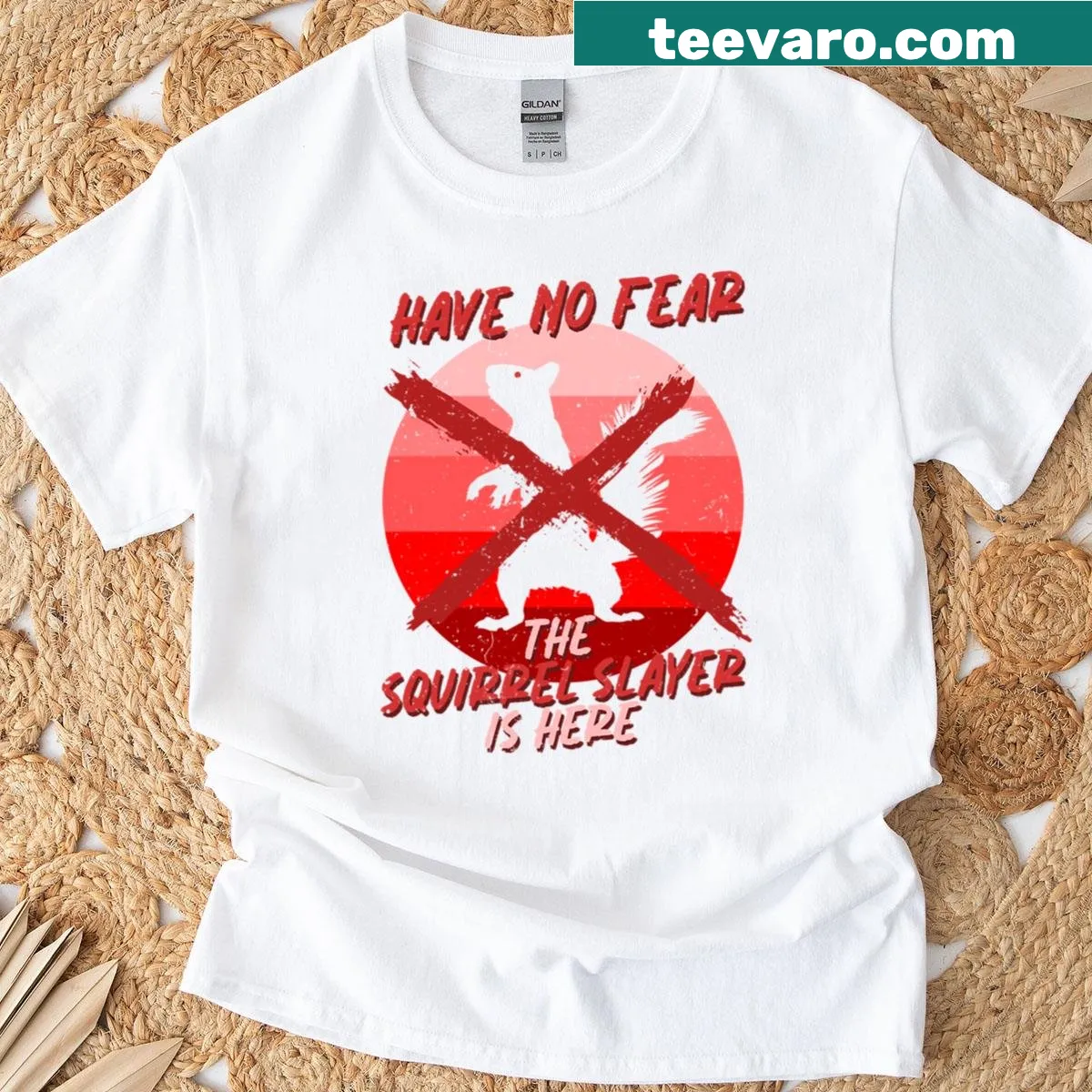Humorous T-shirt with 'Squirrel Hunter Tree Rat' text design. — on a men's t-shirt