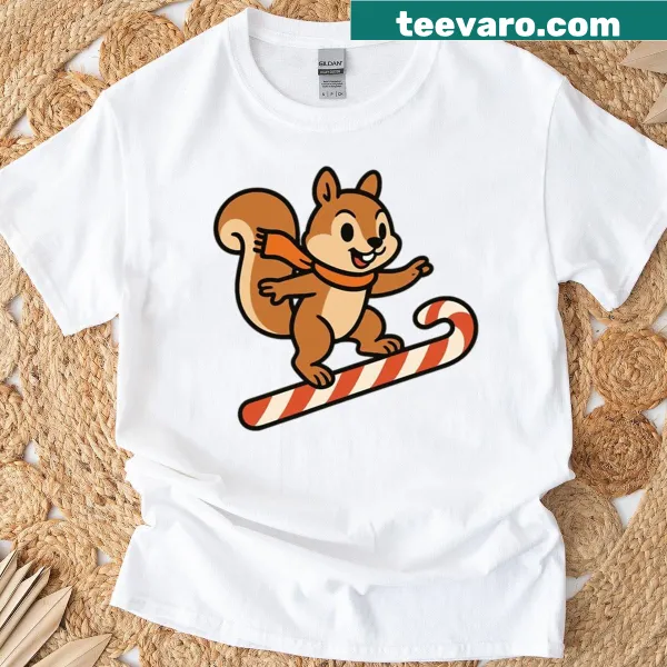 Cute Christmas t-shirt with a squirrel riding a candy cane